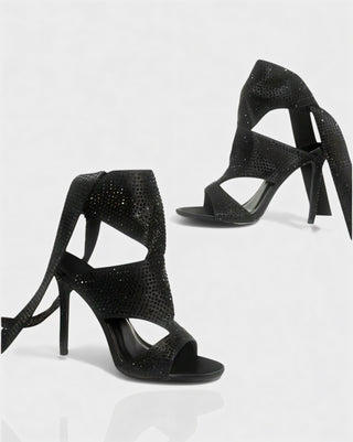 BRIANNE Square Head Rhinestone Lace-Up Knee High Heels