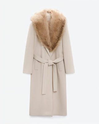 FLORINA Faux Fur Collar Wool Trench Coat