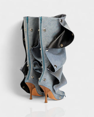 KIVARA Stiletto Heel Fold-Over Rivet Knee-High Boots