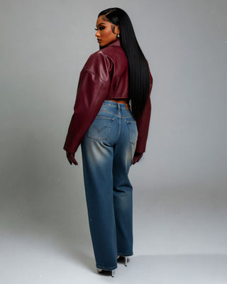 NIVIA Deep V Lapel Cropped Faux Leather Jacket