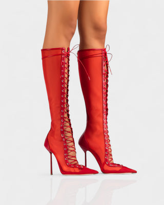 ESCAS Lace-Up Mesh Knee-High Stiletto Boots