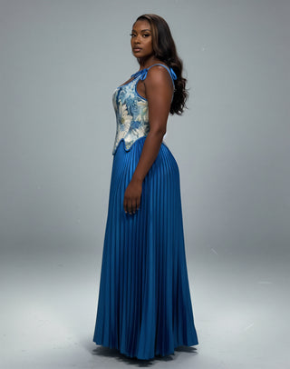 MASINA Floral Print Corset & Pleated Maxi Skirt Set