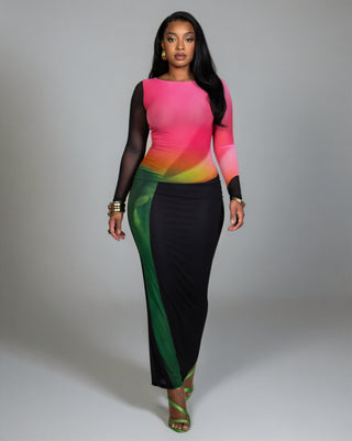 FLEUR Gradient Multi-Color Long Sleeve Maxi Dress