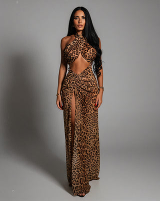 EMPRESS Leopard Print Halter Neck Slit Maxi Dress