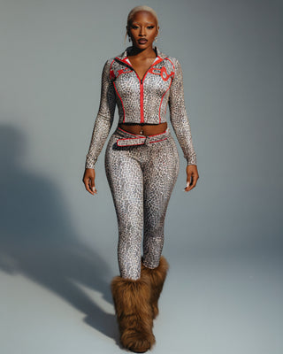 DELYSSA Leopard Cropped Jacket Top & Pants Set