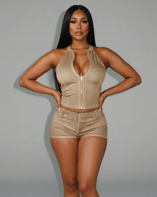 CLARISSA Denim Zip Up Top & Shorts Set