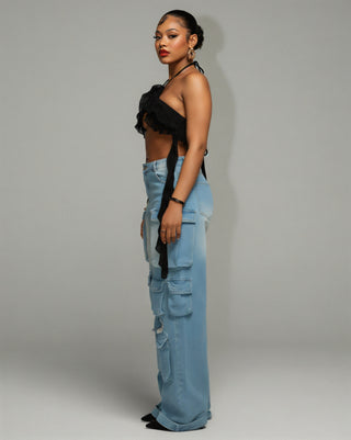 INGRID Denim Ripped Cargo Pants