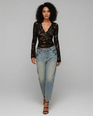 ANGIE Sheer Floral Lace Long-Sleeve Top