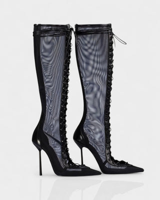 ESCAS Lace-Up Mesh Knee-High Stiletto Boots