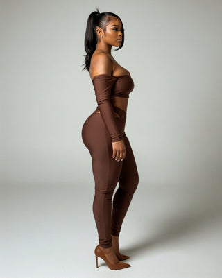 ELOWEN Off-shoulder Long Sleeve Top & Cutout Pants Set