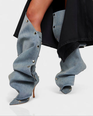 KIVARA Stiletto Heel Fold-Over Rivet Knee-High Boots