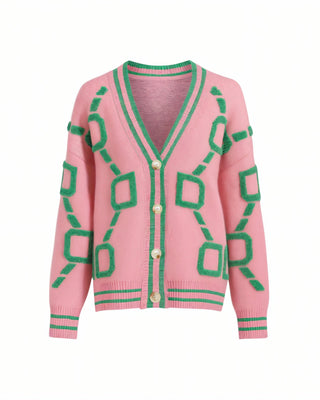 ALYA Geometric Jacquard Button-Up Knit Cardigan