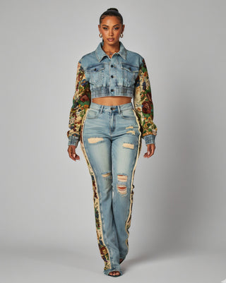 SHAY Denim Tapestry Cropped Jacket & Pant Set