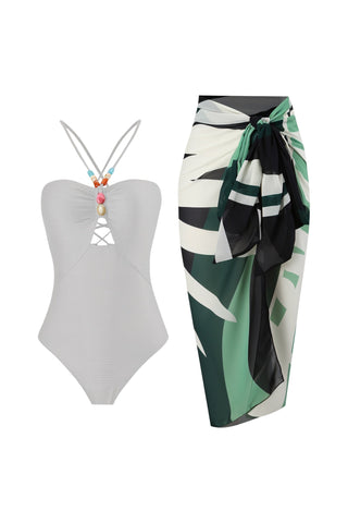 LOTTIE Beaded One-Piece Swimsuit & Tie Maxi Skirt Set