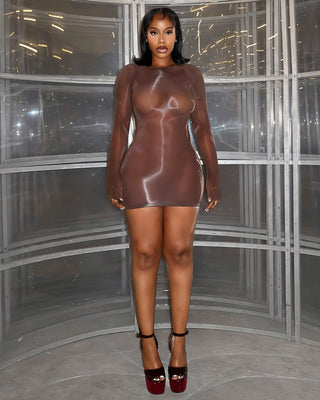 SAVINA Glossy Long-Sleeve Mesh Mini Dress