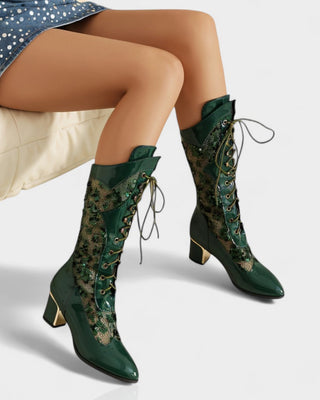 AROLA Lace-Up Embroidered Mid-Calf Boots