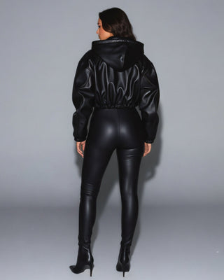 DAYAN Cropped Long Sleeve Faux Leather Jacket