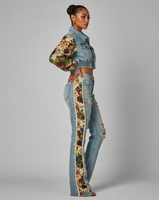 SHAY Denim Tapestry Cropped Jacket & Pant Set