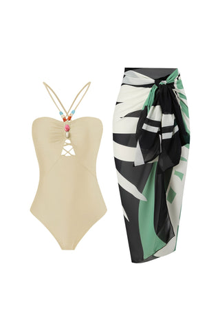 LOTTIE Beaded One-Piece Swimsuit & Tie Maxi Skirt Set