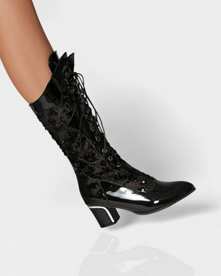 AROLA Lace-Up Embroidered Mid-Calf Boots