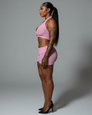 ZEIRA Ribbed Halter Crop Top & High-Waisted Shorts Set