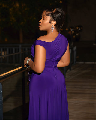 MIREN One-Shoulder Draped High Slit Maxi Dress