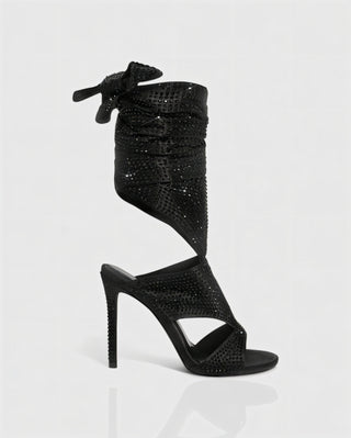 BRIANNE Square Head Rhinestone Lace-Up Knee High Heels