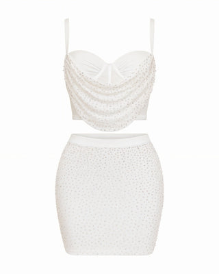 EVANIE Diamond & Pearl Embellished Crop Top & Skirt Set