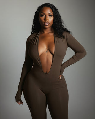 VEYONA Plunge Neck Long Sleeve Jumpsuit