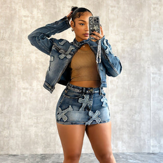 FAITH Cross Pattern Denim Skirt & Jacket Set