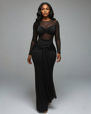 VALEYA Mesh Panel Tie-Front Maxi Dress Celestia VALEYA Mesh Panel Tie-Front Maxi Dress Celestia