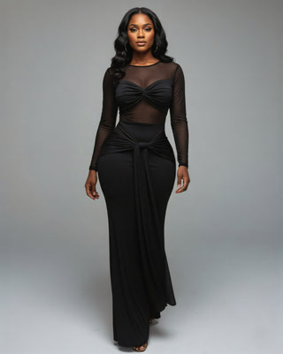 VALEYA Mesh Panel Tie-Front Maxi Dress