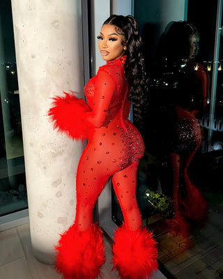 CHARICE Rhinestone & Faux Fur Trim Jumpsuit