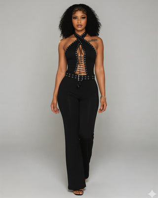 ALESSIA Eyelet Lace-Up Halter Jumpsuit
