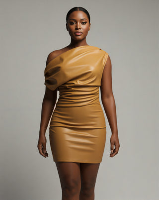 ORIELLE Faux Leather One-Shoulder Mini Dress