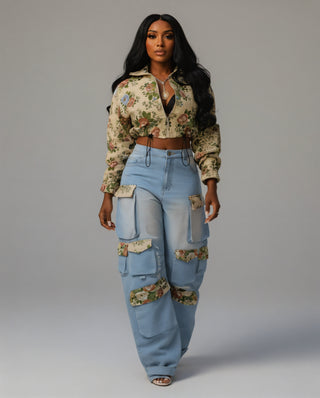 SHENA Floral Cropped Jacket & Cargo Jean Set
