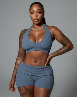 ZEIRA Ribbed Halter Crop Top & High-Waisted Shorts Set