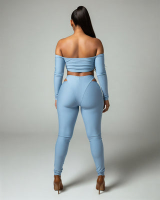 ELOWEN Off-shoulder Long Sleeve Top & Cutout Pants Set