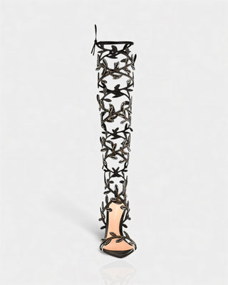 QUINA Leaf Embellished Lace-Up Stiletto Heels