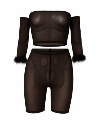 RAMIRA Faux Feather Trim Mesh Top & Shorts Set