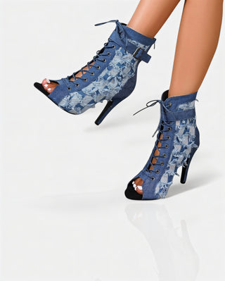 REIKO Buckled Ankle Strap Lace-Up Denim Boots