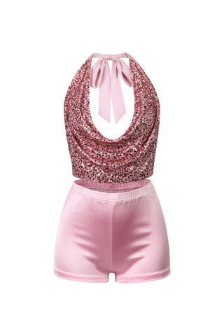 KELIA Sequin Halter Top & Satin Short Set