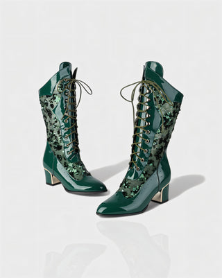 AROLA Lace-Up Embroidered Mid-Calf Boots