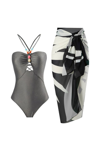 LOTTIE Beaded One-Piece Swimsuit & Tie Maxi Skirt Set