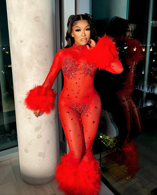 CHARICE Rhinestone & Faux Fur Trim Jumpsuit