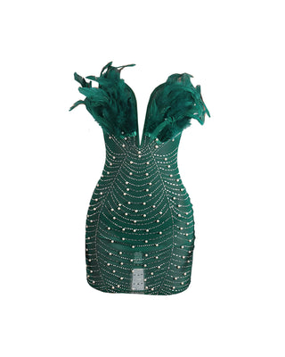 KAYALI Pearl & Rhinestone Embellished Feather Mini Dress