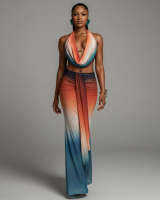 CHANEL Gradient Print Cowl Top and Maxi Skirt Set
