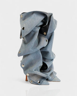 KIVARA Stiletto Heel Fold-Over Rivet Knee-High Boots