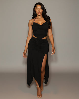 JESS Halter Crop Top & Ruched Midi Skirt Set
