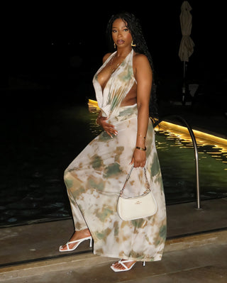 NOEMI Abstract Print Cowl Halter Top & Maxi Skirt Set